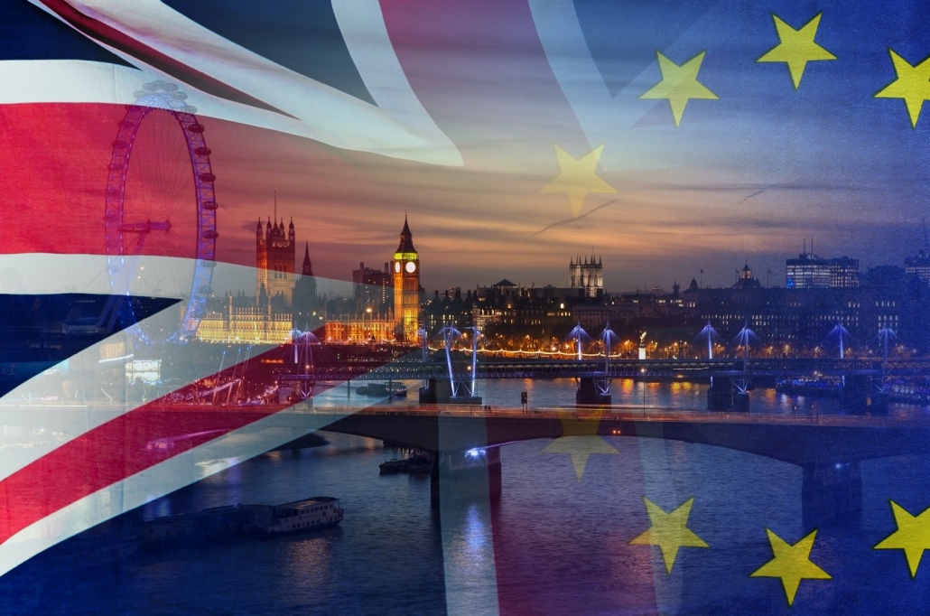 UK and EU flag over London